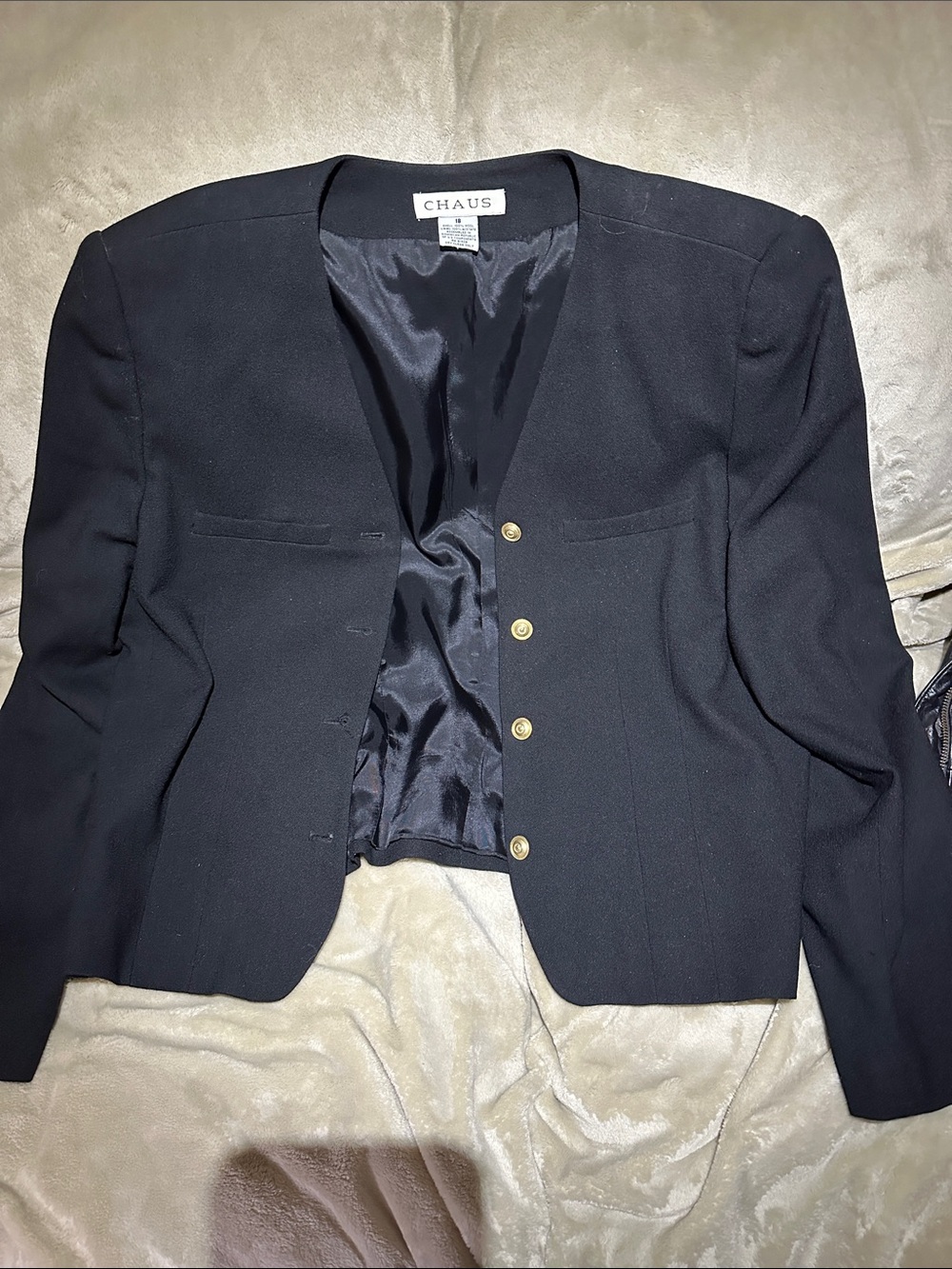 Chaus Black Collarless Cropped Blazer with Gold Buttons